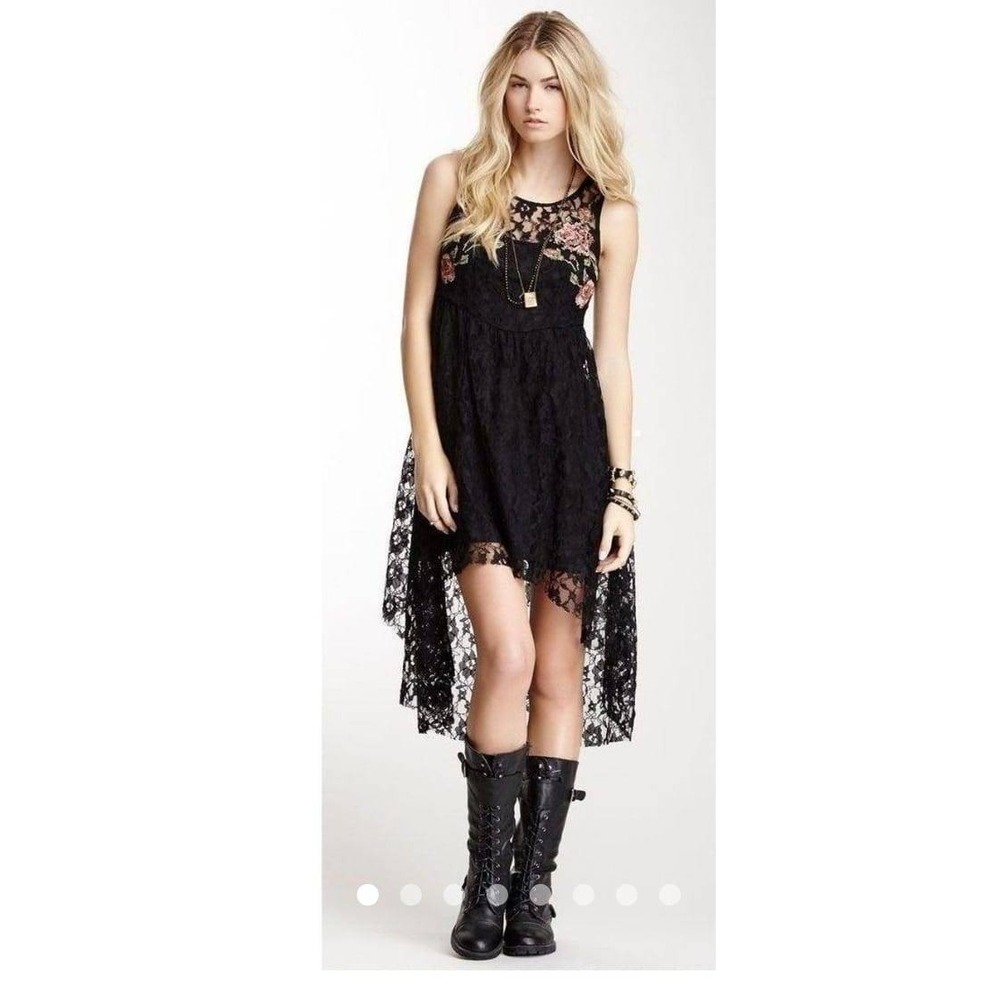 Free People Black Floral Lace Embroidered High-Low Boho Dress Sleeveless